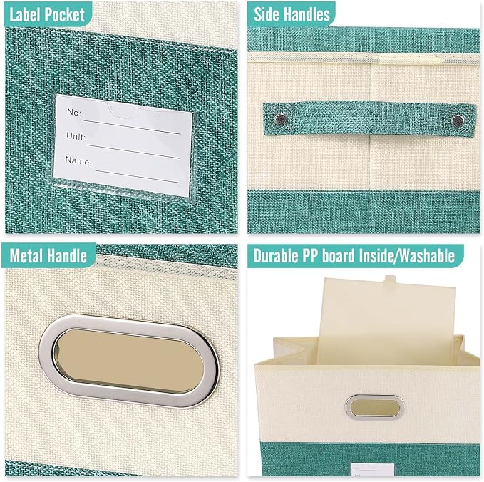 Large Linen Fabric Foldable Storage Bins with Removable Lid and Handles, Washable Storage Box Organizer Containers Baskets Cube with Cover for Bedroom,Office (Turquoise&Cream, Medium(2-Pack)) - Image 2