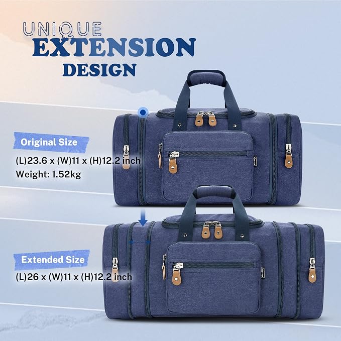 Gonex Canvas Duffle Bag, Expandable 60L Travel Overnight Weekender Bag | Multiple Pockets, Carry-On Size, Durable Zippers, Detachable Strap, for Men & Women, Blue - Image 9