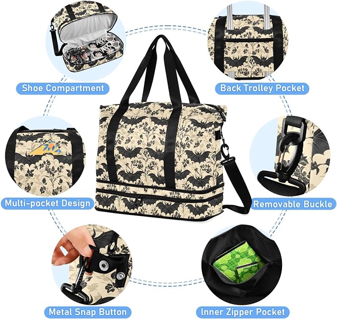 Travel Duffel Tote Bag Bats and Flowers Vintage Sports Duffel Bag with Wet Pocket Weekender Overnight Bag for Women Men Gym Bag, Carry On Bag Hospital Bag for Labor and Delivery - Image 2