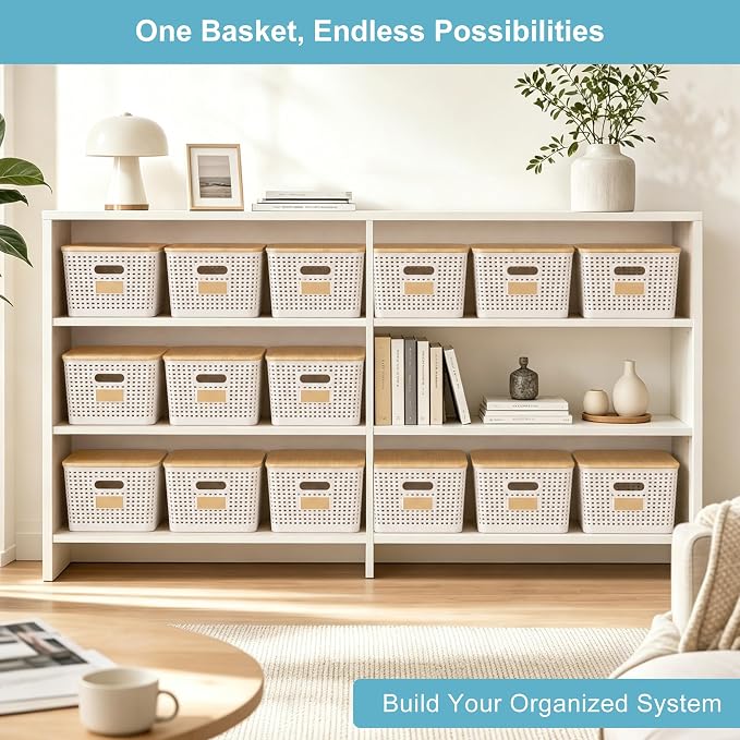 2 Pack Tall Plastic Storage Bins with Bamboo Lids, 10.8qt Stackable Storages Baskets for Organizing Desktop Closet Playroom Classroom Office, 12"L x 8.3"W x 6.1"H, Cream White - Image 6
