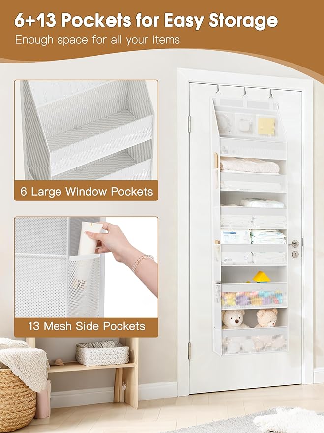 2 Pack Over the Door Organizer, Heavy-Duty 6-Shelf Hanging Storage with 13 Mesh Pockets, 55lbs Capacity Behind the Door Storage for Nursery, Bathroom, Bedroom, and Dorm, White - Image 5