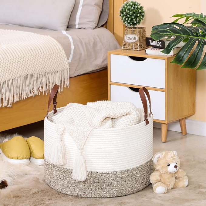KAKAMAY Large Cotton Rope Blanket Basket (20"x13"),Woven Baby Laundry Hamper，Blanket Basket for Nursery, Laundry, Living Room, Pillows, Toys with Handles （White） - Image 9