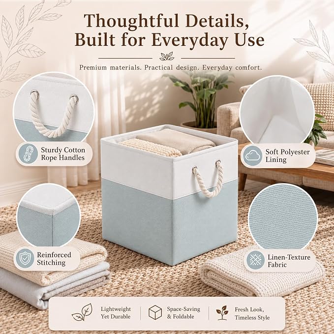 6 Pack 13x13 Inch Cube Storage Bins Fabric Square Cube Baskets, Light Green | Light Green Foldable Fabric Organizer with Handles, Home Closet Bin for Shelves, Durable Cube Baskets Bulk for Home Storage - Image 3