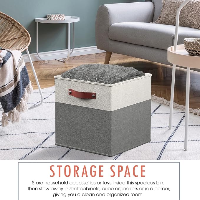 Ornavo Home 11x11 Foldable Fabric Storage Cube Bins, 6 Pack, White/Gray | Collapsible Linen Shelf Basket Organizer; Leather Handles; Ideal Cube Storage For Closet - Image 4