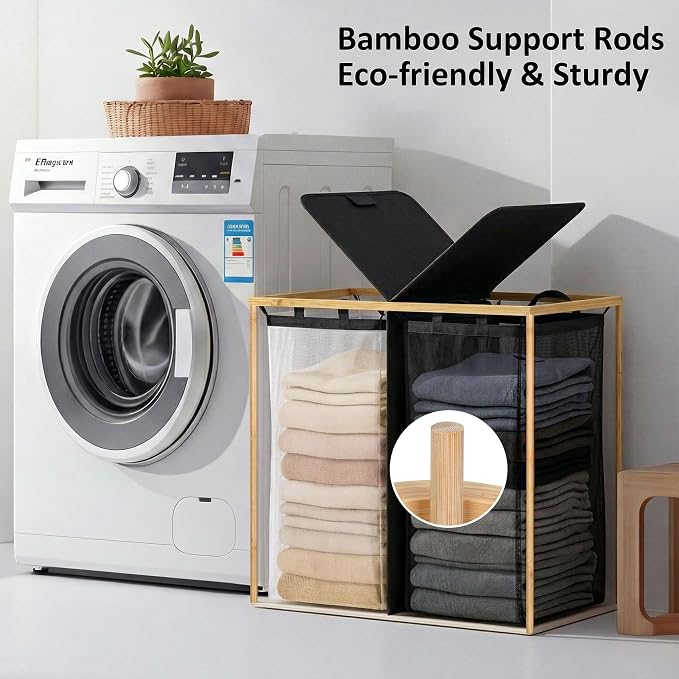 efluky Laundry Hamper with Lid, Double Laundry Basket with 2 Removable Bags, 2 Section Laundry Bin with Bamboo Handles for Bathroom, Bedroom & Laundry Room, 140L (36.9 Gallon) Black - Image 6