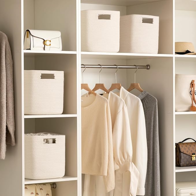 Dreamcountry 13x13 Cube Storage Bins, Storage Cubes with Handles, 4 Pack Cotton Rope Basket for Shelves, Cube Storage Organizer forToys, Book, Clothes, Home, Office, Nursery, Beige - Image 6