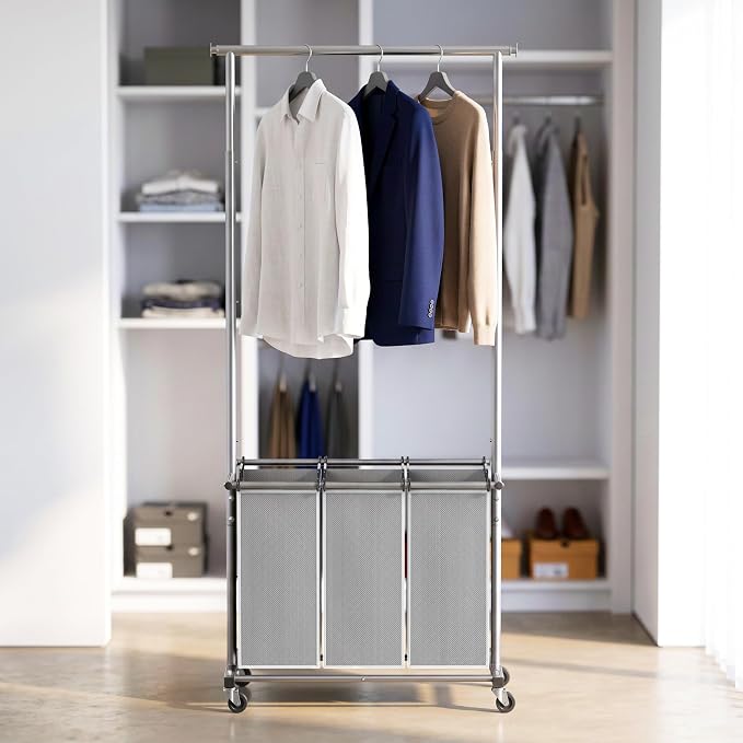 Simple Houseware Laundry Sorter Cart with Hanging Rod, Silver | Extendable Width from 30.25 to 49.25", Removable 3-Section Laundry Basket - Image 5