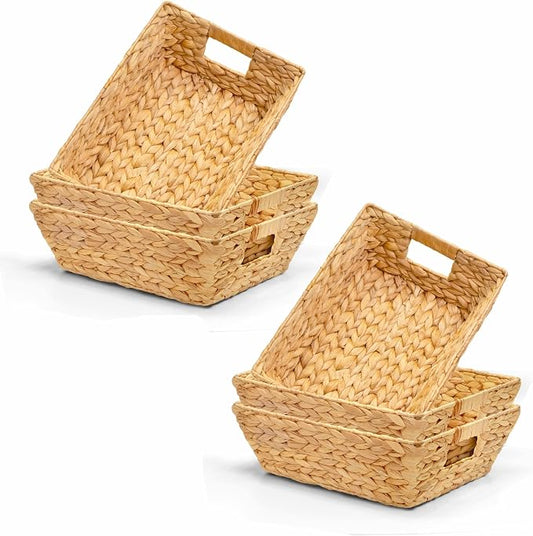 M4DECOR 6-Pack Water Hyacinth Trapezoid Wicker Storage Baskets, 14" | Handwoven natural bins with handles for snacks, pantry, kitchen, closet & shelf organization by M4DECOR