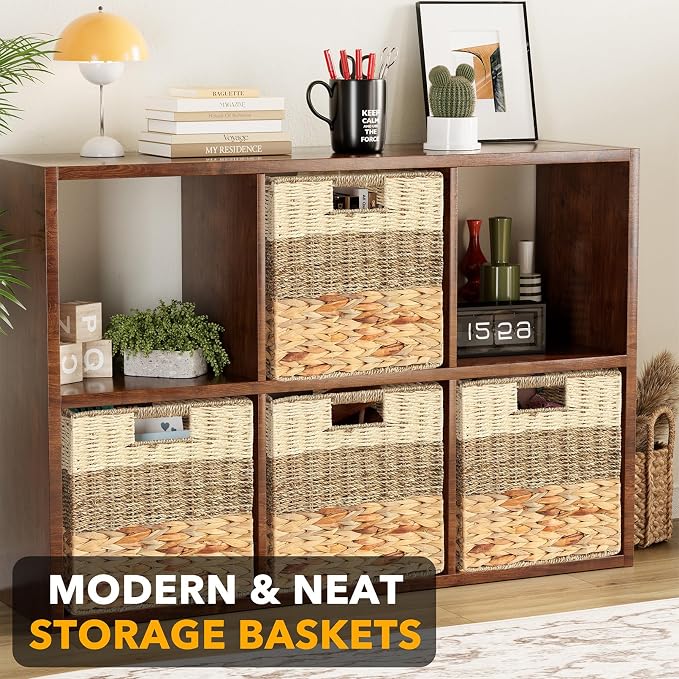 SpaceAid 4 Pack 3 Pattern Design Wicker Basket, Baskets for Organizing, Storage Rattan Basket with Handles for Shelves, Woven Cube Storage Bin Organizer, 13x13x13 inch, Natural - Image 2