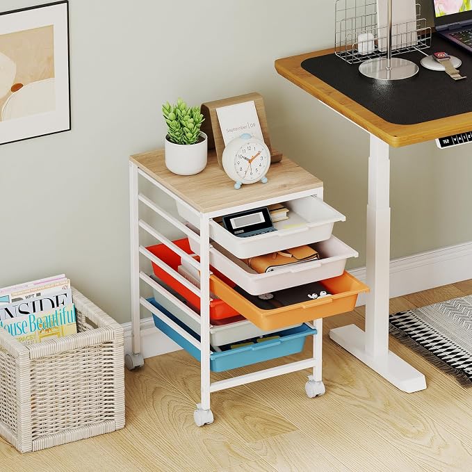 GOFLAME 6-Drawer Rolling Storage Cart, Craft Storage Cart with Wooden Tabletop and Lockable Wheels, Art Cart Supply Storage Organizer with Metal Frame for Home Office Classroom, Macaron Color - Image 9