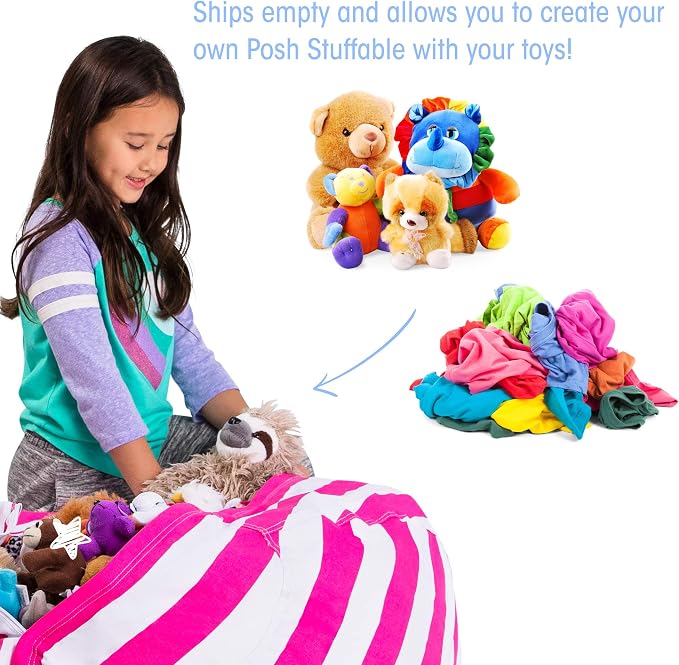 Posh Stuffable Kids Stuffed Animal Storage Bean Bag Chair Cover - Childrens Toy Organizer, Large 38" - Canvas Stripes Pink and White - Image 3