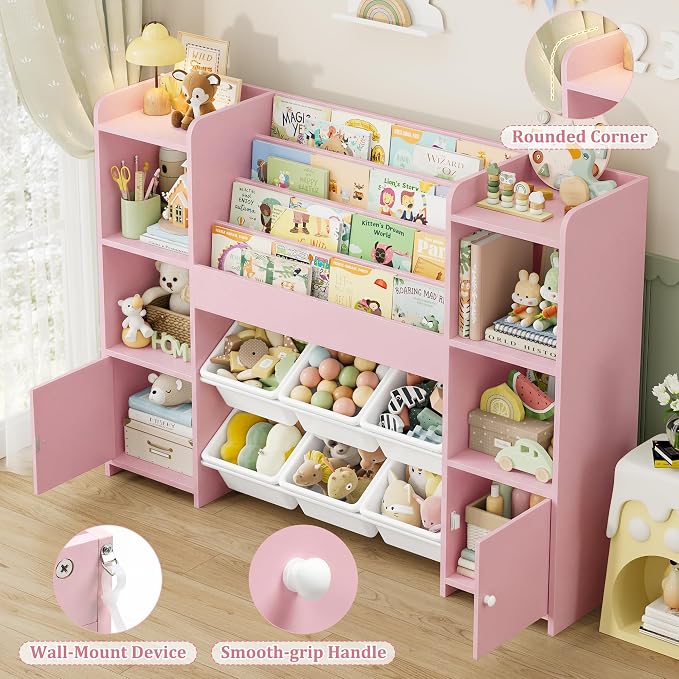 Toy Storage Organizer with 6 Toy Bins & 4 Tier Kids Bookshelf | Toy Organizer with 6 Cubbies, Kids Toy Organizers and Toy Storage with Bins, Playroom Storage and Toy Chest, Pink - Image 3