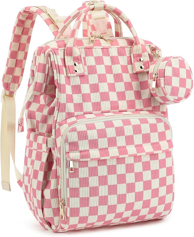 Corduroy Diaper Bag Backpack, Large Capacity Multifunction Baby Diaper Bags for Women, Insulated Bottle Pockets & Pacifier Case, Stylish Travel Nappy Changing Bags for Mom Dad (Checkered Pink) by Unknown
