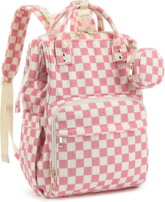 Corduroy Diaper Bag Backpack, Large Capacity Multifunction Baby Diaper Bags for Women, Insulated Bottle Pockets & Pacifier Case, Stylish Travel Nappy Changing Bags for Mom Dad (Checkered Pink) by Unknown