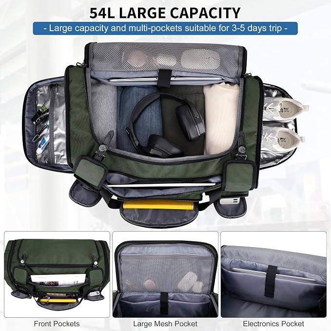 WITZMAN Duffle Bag for Men Large 54L Travel Duffel with Shoe Compartment | Water-resistant Nylon, Dry-wet Pocket, Fits 16" Laptop, Convertible for Gym, Weekender, Sports, Overnight, B717 Army Green - Image 3