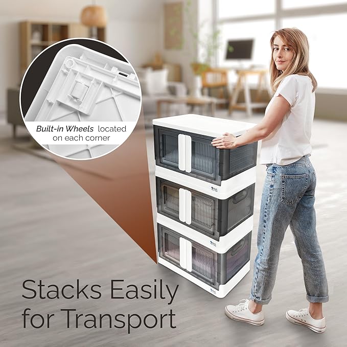 Reli. Collapsible Storage Bins 8.4 Gal (4 Pack) | Stackable Bins with Lids | Foldable containers | Clothing storage organizer, storage on wheels, plastic bins with dual-access doors | White & Gray - Image 5
