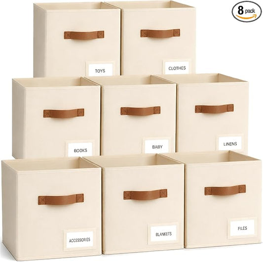Storage Cubes 8 Pack, 11 Inch Fabric Storage Cubes Organizer Bins with Labels, Odor-Free & Sturdy PP Structure, Cubby Baskets for Closet, Shelves, Toys & Nursery (Beige) by Unknown
