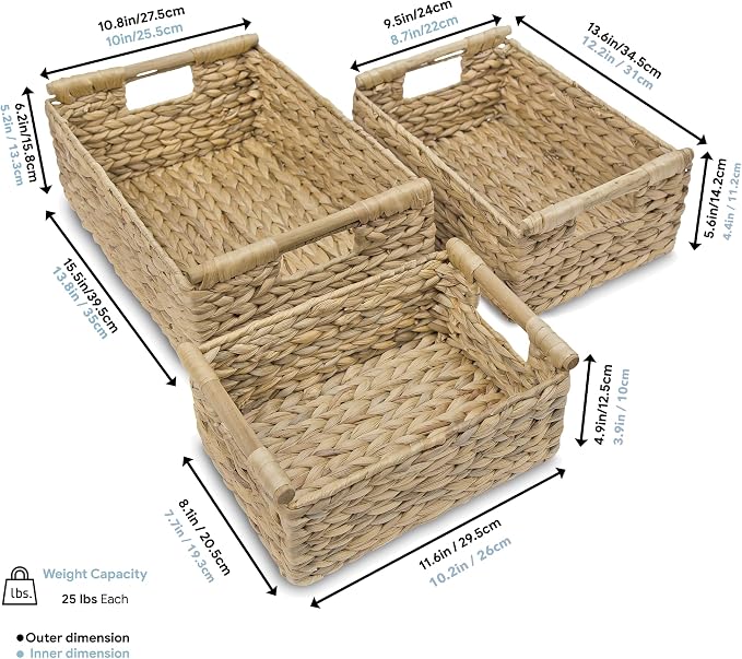 VATIMA Hyacinth Wicker Basket Set 3 size - Rectangular, Wooden Handles, Shelf Organizer, Natural Bins - Image 6