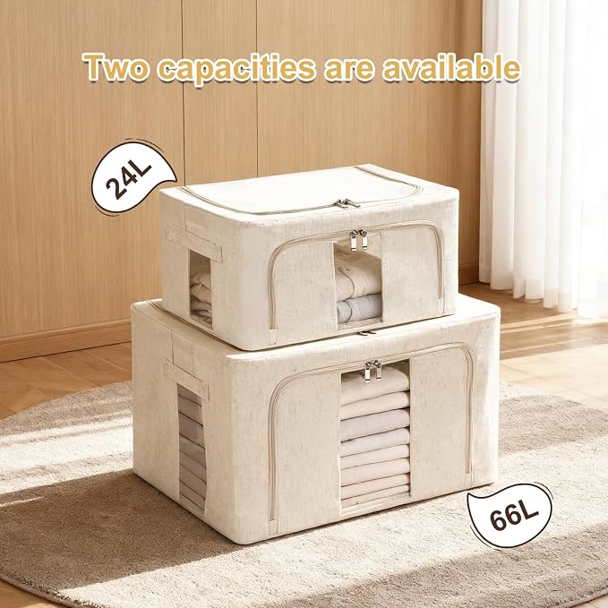 3 Pack Clothes Storage Bins with Metal Frame,Foldable Storage Bin with Lid for Clothes,Stackable Cotton Linen Fabric Organizer Set with Carrying Handles and Clear Window(Beige, 66L) - Image 7