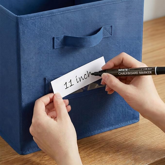 Storage Bins,11" Cube Storage Bin with Labels,10pcs,Navy Blue | Fabric Storage Cubes for Shelves,11 Inch storage cube bins with 10 Labels Window Cards & a Pen. - Image 4