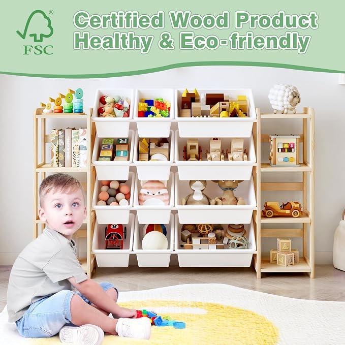 MallBest Extra Wide Toy Storage Organizer with Dual Bookshelves, Kids Wooden Shelf with 12 Removable Bins for Books, Toys, Playroom, Nursery, Bedroom, Natural, Large - Image 4