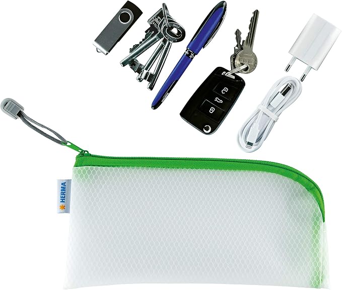 HERMA 20004 Zip Cosmetic Bag, Transparent (23 x 11 cm) Small Zippered Travel Pouch for Mobile Phone, Charging Cable, Cosmetics, pens, Keys, Clear Toiletry Bag with Zipper in Green - Image 7
