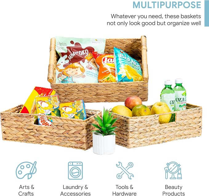 VATIMA Large Water Hyacinth Storage Baskets for Organizing with Wooden Handles for Shelves, 2 Bathroom Small Basket, Water Hyacinth Toilet Paper Baskets, Set of Natural Wicker Storage Basket for Home - Image 4