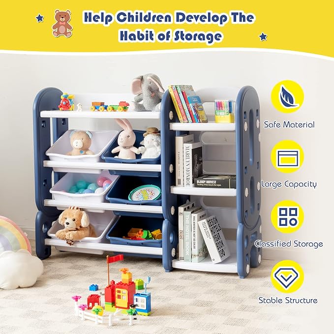 Costzon Toy Storage Organizer, 4-Tier Toy Shelf w/ 6 Removable Plastic Bins for Books Toys, Toddler Toy Bookcase Toy Rack for Playroom, Kids Room, Bedroom, Daycare, Nursery - Image 5