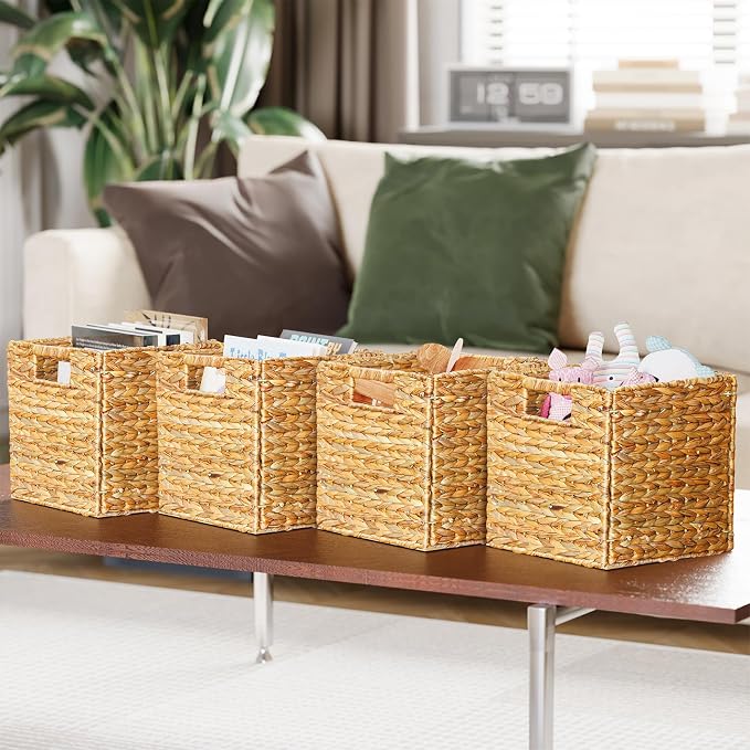 SpaceAid 4 Pack Wicker Basket, Storage Baskets for Organizing, Woven Rattan Basket with Handles for Shelves, Water Hyacinth Large Cube Organizer Storage Bin, 10.5x10.5x10.5 inch, Natural - Image 5