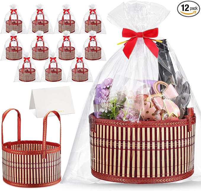 Weysat 12 Set Baskets for Gifts Empty Bulk, Large Woven Bamboo Gift Basket Kit with Handles, Bow, Wrap Bag to Fill for Raffle Thanksgiving Day Wedding Birthdays Party Wrapping (Red) by Weysat