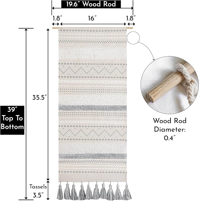 BlissBlush Long Vertical Wall Hanging Tapestry Woven Boho Farmhouse Decor Gray Cream Tassel Handmade Wall Art Decoration for Bedroom Living Room Dorm Nursery Apartment, 16x39 INCH - Image 3