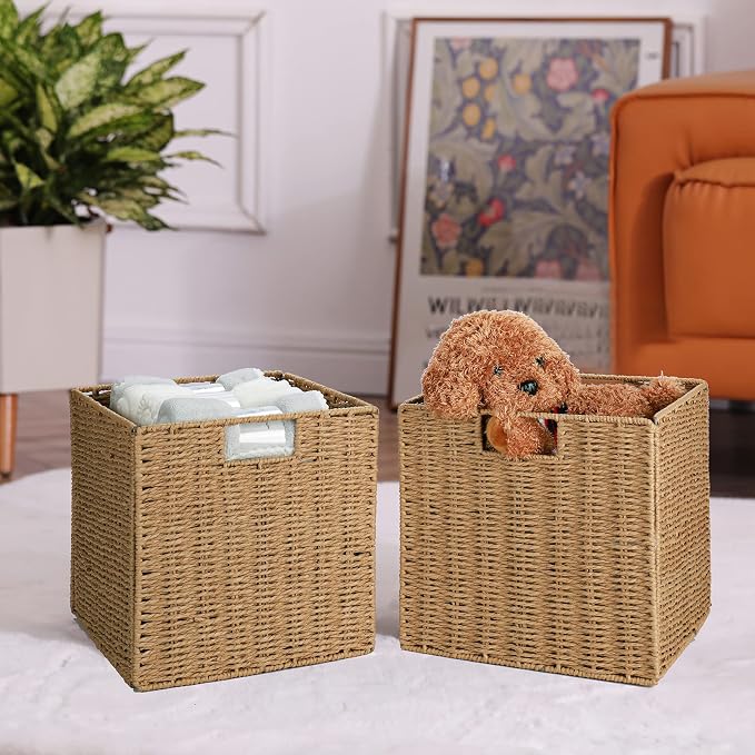 Wicker Storage Basket, Set of 2 Hand-Woven Wicker Basket, 11 inch Storage Baskets for Organizing and Decor, Foldable Cube Storage Organizer Bins Baskets for Shelves, Woven Basket, Natural - Image 4