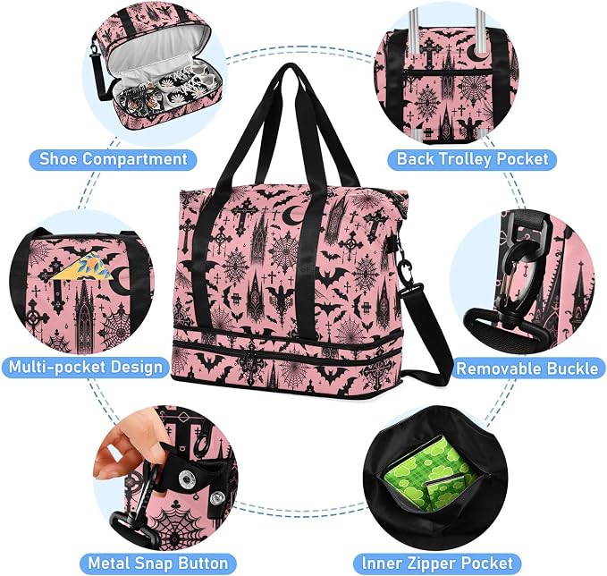 Travel Duffel Tote Bag Black Gothic Moon Spider Webs and Bats Sports Duffel Bag with Wet Pocket Weekender Overnight Bag for Women Men Gym Bag, Carry On Bag Hospital Bag for Labor and Delivery - Image 2