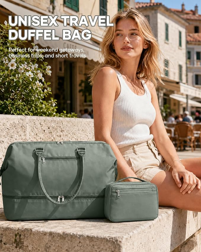 Travel Duffel Weekender Bag Women Tote Carry On Bags With Shoe Compartment | Travel Overnight Bags with Trolley Sleeve for Airplanes Waterproof Lightweight Sport Tote Gym with Toiletry Bag Green. - Image 9