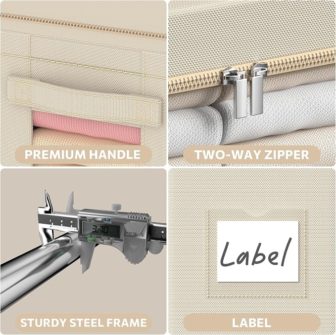 CYhom 3Pack Frame Storage Box - Clothes Storage Bin Bags Oxford Fabric Foldable Stackable Container Organizer Set with Clear Window & Carry Handles Large Capacity (Beige, Large-66L) - Image 5