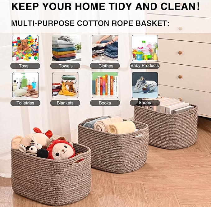 Storage Baskets for Organizing Shelves, Woven Cotton Rope Bins for Organization, Dog Toy Organizer for Shelf Living Room Bedroom, 14.8"×11"×9.5", Pack of 3, Dark Brown - Image 4