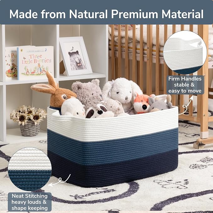 Goodpick Large Woven Rope Blanket Basket, Rectangle, Light Blue | 21.6'' x 14.9'' x 11.8'' Storage Basket for Toys, Books & Blankets, Bedroom & Nursery Organization, Reinforced Handles - Image 6