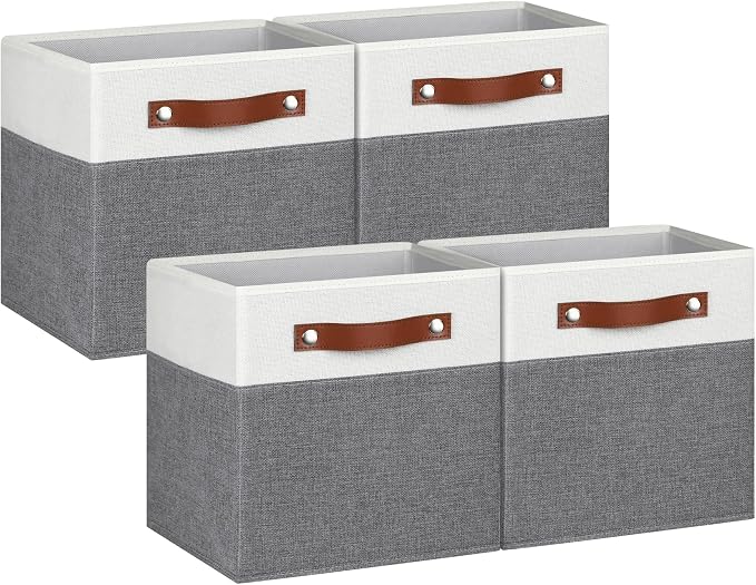 11 Inch Cube Storage Bin - 4 Pack - Linen Fabric 11x11 Cube Storage Bins for Bedroom, Living Room, Clothes and Toys; Foldable, Dual Leather Handles by Pomatree