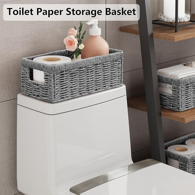 Wicker Storage Basket, Set of 2 Hand Woven Wicker Baskets for Organizing with Handles, Decorative Small Storage Bins for Countertop Toilet Paper Basket for Toilet Tank Top Shelves, Grey - Image 3