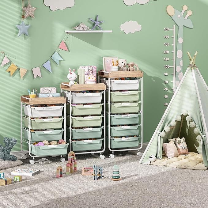 SYKIARIOL Rolling Storage Utility Cart with 5 Drawers,Green | Craft Cart with Wheels,Makeup Organizer,Art Supply And Storage Wooden Tabletop - Image 8