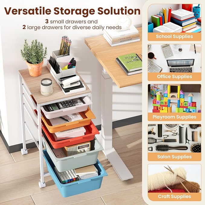 Giantex Rolling Storage Cart with 5 Drawers, Utility Cart w/Wooden Tabletop, Lockable Wheels, Multipurpose Organizer for Art Craft Books Paper, Drawer Carts for Dorm Classroom Office, Macaron - Image 5