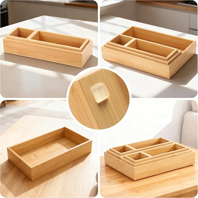 MapleGrace Bamboo Drawer Organizer Set, 14 PCS Wood Storage Organizers | Multi-Use Junk Drawer Divider, Storage Trays Containers for Kitchen, Bathroom, Office Desk, Makeup, Jewelry, Utensils - Image 3