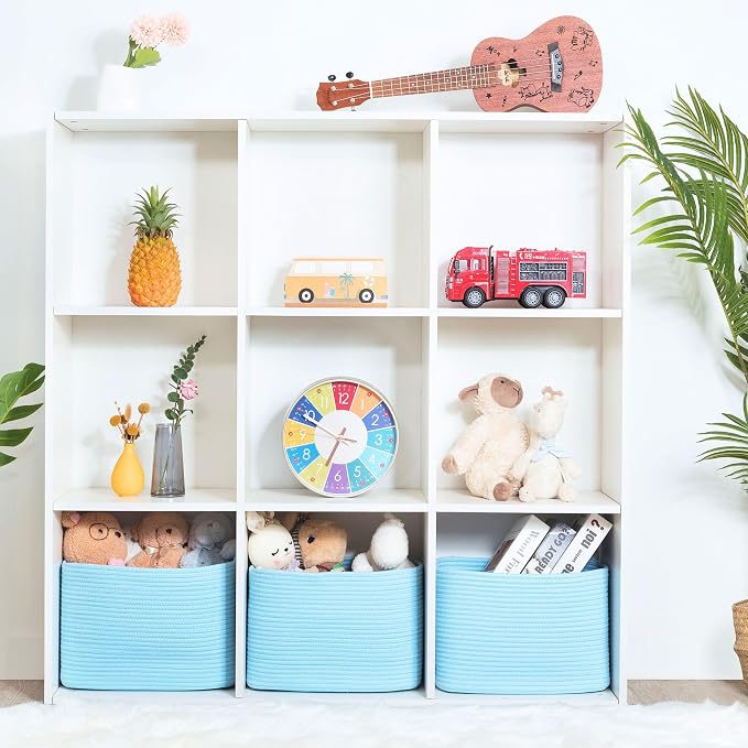 3-Pack Decorative Woven Storage Baskets for Shelves, Cube Bin Box for Organizing Books, Shoes, Dog Toys, Pantry Closet and Living Room Organizer, Sky Blue - Image 4