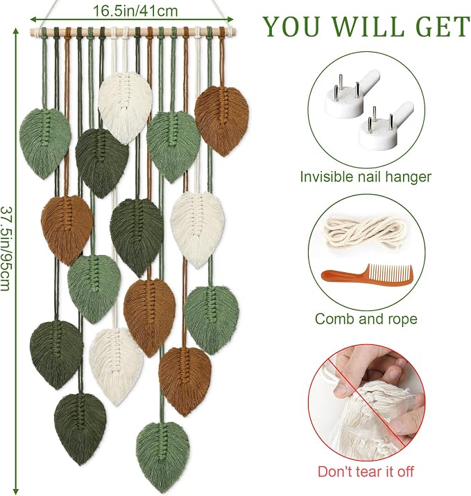 Vertical Macrame Wall Hanging Boho Home Decor Long Narrow Chic Wall Art | KHOYIME Bohemian Woven Leaves Tapestry Vintage Decorations for Front Door Indoor Entrance Living Room Bedroom 16.5"W x 37.5"L - Image 2