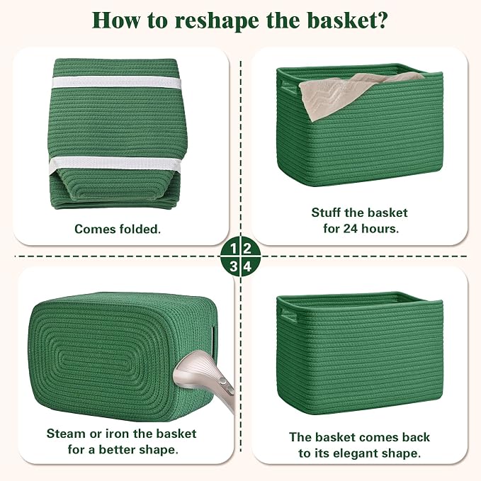 Storage Baskets for Organizing, 4 Pack Baskets for Shelves, Decorative Storage Bins for Shelves, Cotton Rope Storage Basket with Handles, Woven Basket for Storage, 13''Lx8.7''Wx7.9''H, Green - Image 8