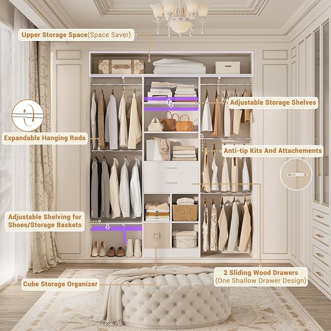 5FT Small Closet System, Baby Closet Organizer System with Wooden Drawers, 60 Inches Walk In Closet System With 5 Hanging Rods and 3 Reversible Hanging Shelving, White - Image 5