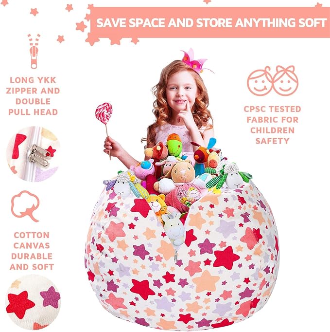 WEKAPO Stuffed Animal Storage Bean Bag Chair Cover for Kids | Stuffable Zipper Beanbag for Organizing Children Plush Toys Large Premium Cotton Canvas (Large Star, X-Large) - Image 5