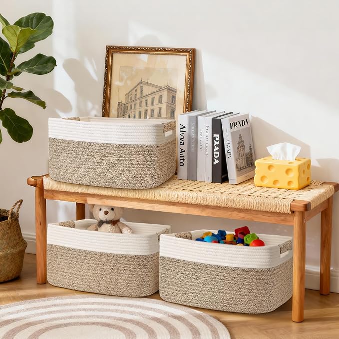 3 Pack Large Storage Basket for Organizing, 17.5"x13"x7" Woven Basket for Shelves, Closet Cube Storage Bins with Wrapped Handle, Cotton Rope Baskets for Kitchen, Clothes, Toys(Off White & Brown) - Image 6