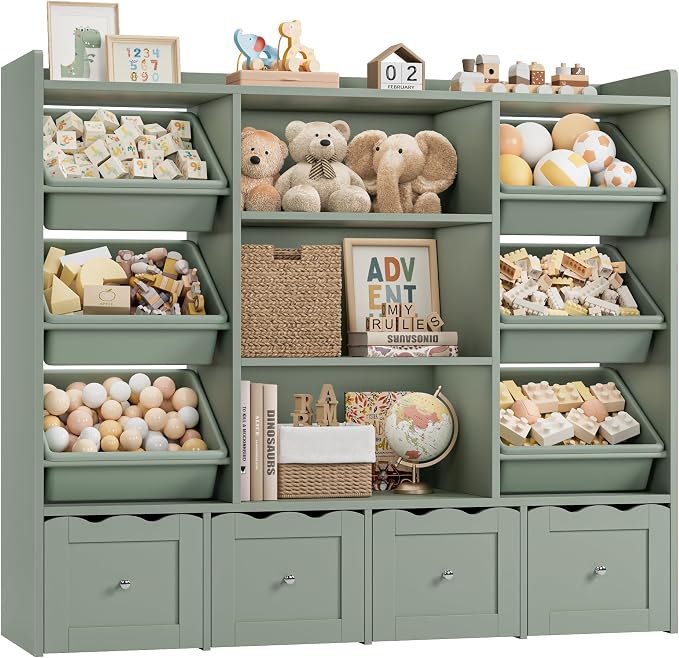 HITHOS 55" W Kids Toy Storage Organizer with 10 Toy Box & Book Shelf, Green | Large Toy Organizers and Storage with Kids Bookshelf & 6 Plastic Toy Chests & 4 Movable Drawers for Kids Room, Playroom - Image 7