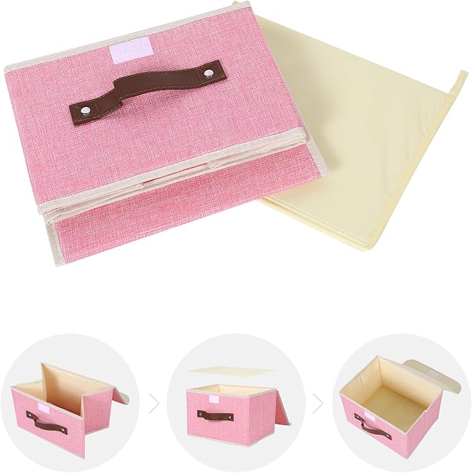 ANMINY Fabric Storage Box Bins with Lids, Pink, 10"x8"x7" | Keepsake Memory Storage, Cotton Linen, PP Board Reinforced, Washable, PU Handles, Foldable & Stackable, Decorative, Small - Image 8